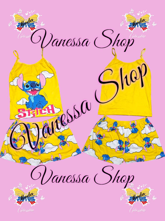 Pijama Tira Short Set 2 piezas talla (S-M)- Estilo Stitch amarillo.